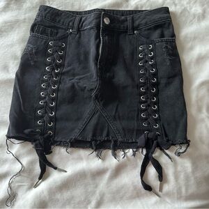 Black Lace-Up Denim Skirt